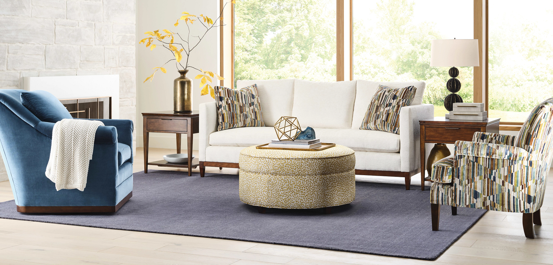 Modern wood trim sofa in white Crypton performance fabric